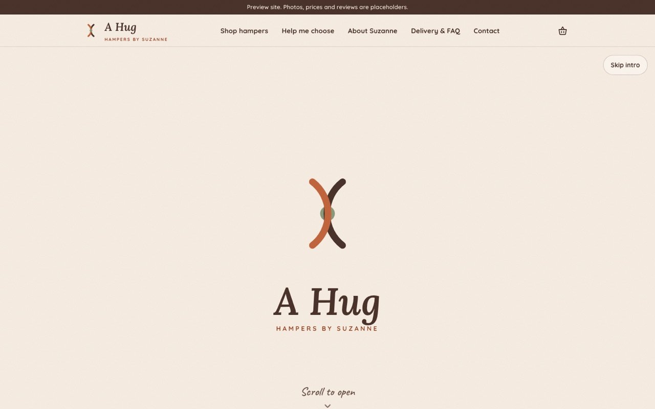 Home page of the A Hug hampers website on a desktop screen