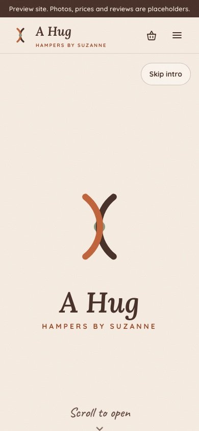 Home page of the A Hug hampers website on a phone