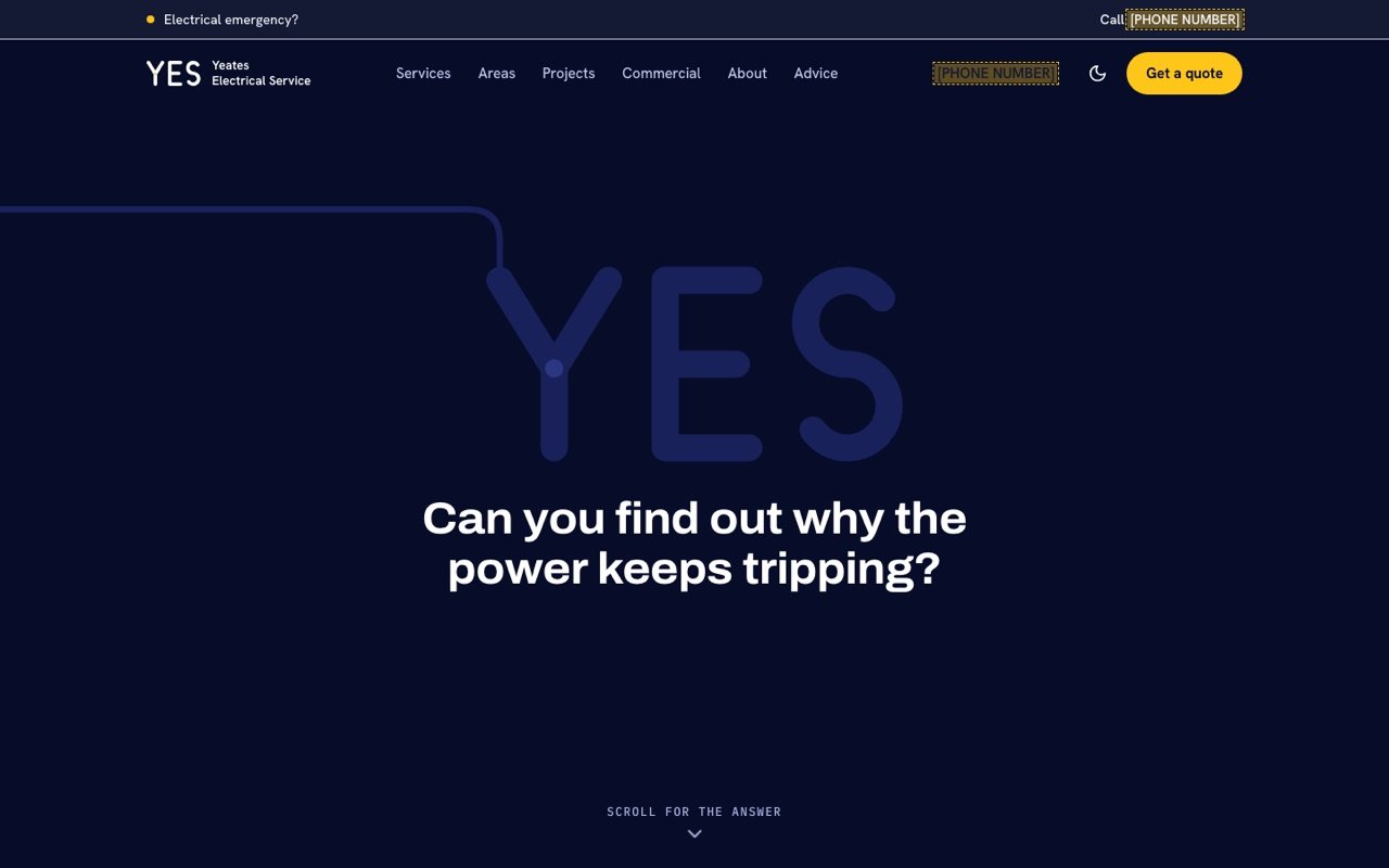 Home page of the Yeates Electrical Service website on a desktop screen